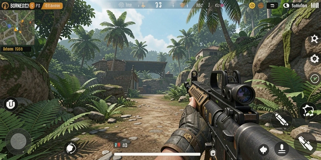 Screenshot gameplay yang menggambarkan aksi intens dalam BORNEO303.