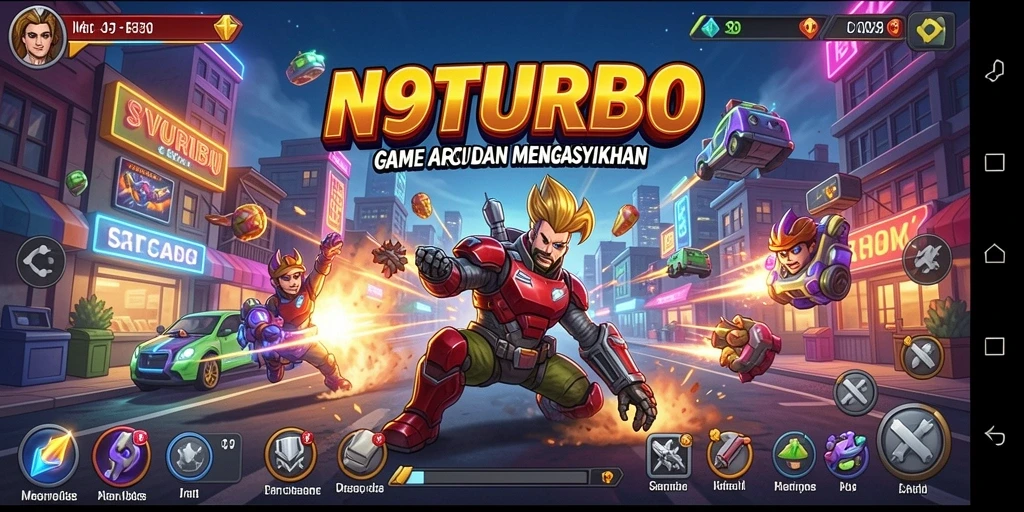 Screenshot utama N9TURBO menampilkan gameplay Arcade yang intens.