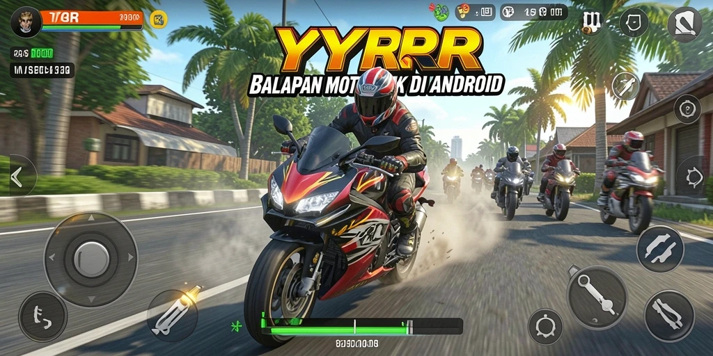 Tangkapan layar utama YYRR menampilkan aksi balapan motor yang mendebarkan.